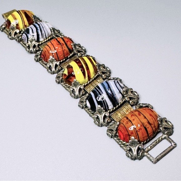 VTG 1950’s Spun Glass Cabachon Agate Chunky Scrollwork Linked Bracelet
